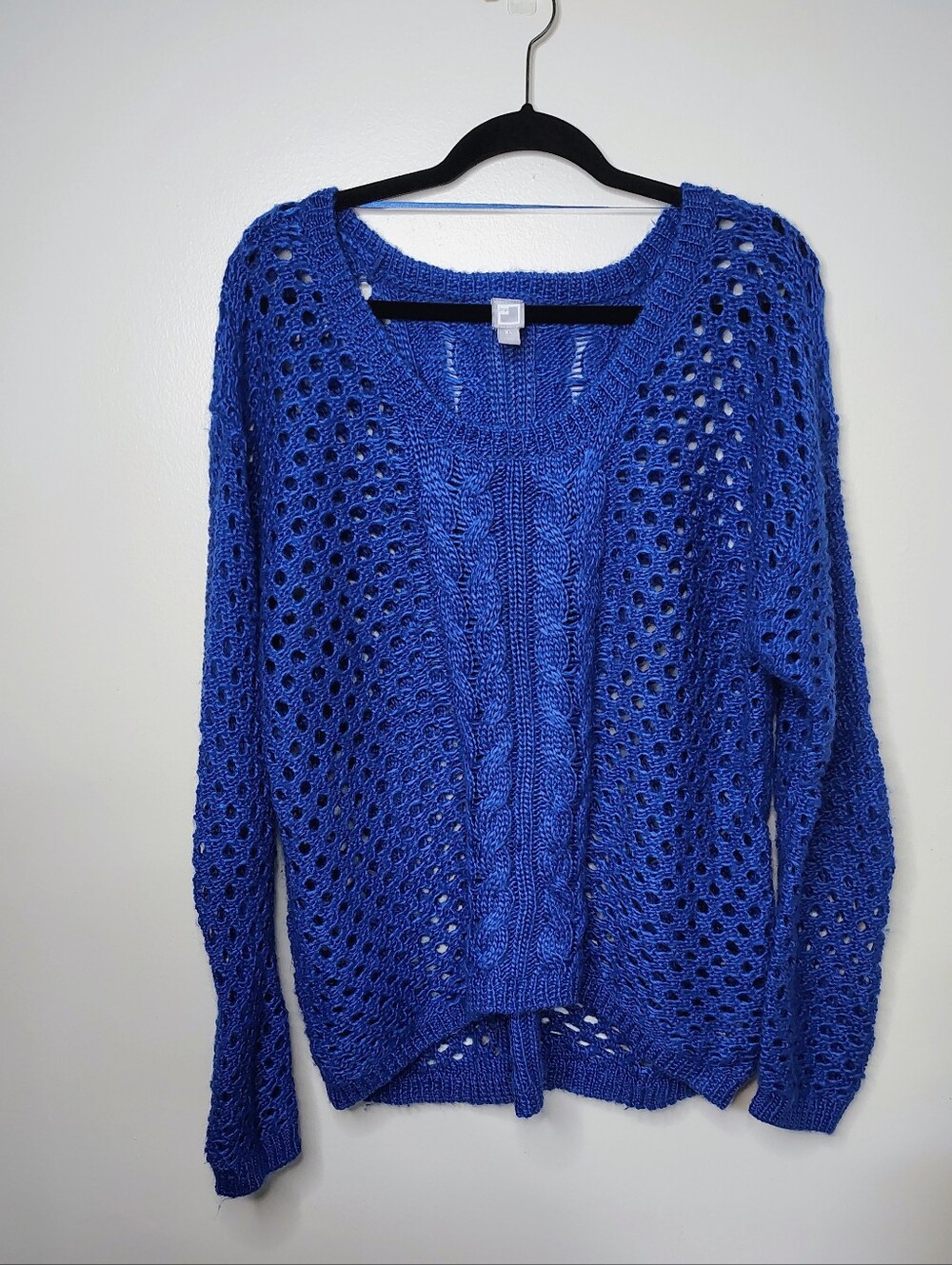 Blue Open Knit Cable Knit Sweater Oversized Wool Blend Pullover - Picture 1 of 7